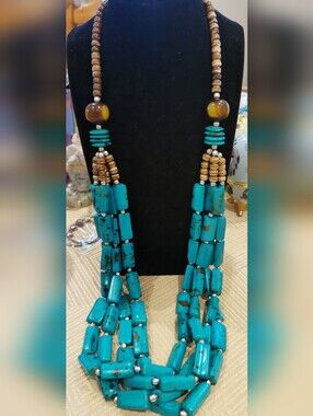 Speckled Teal and Brown Ceramic Multi-Strand Beaded Necklace